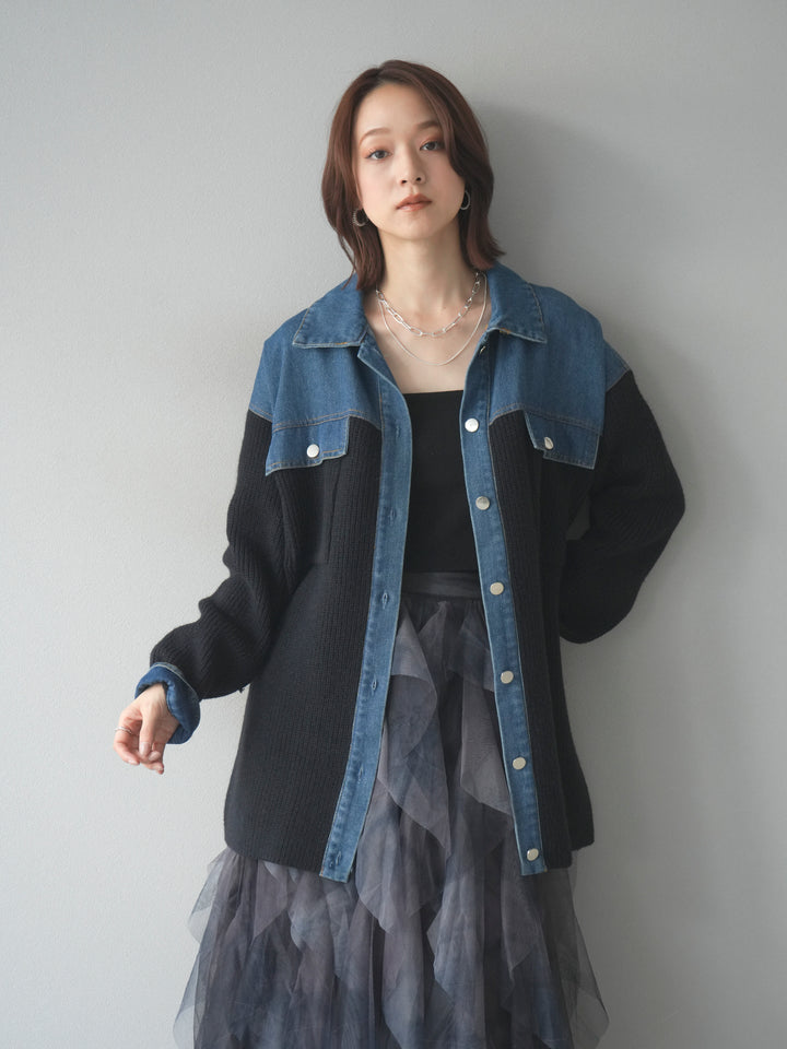 [予約]デニム襟付きニットジャケット/black