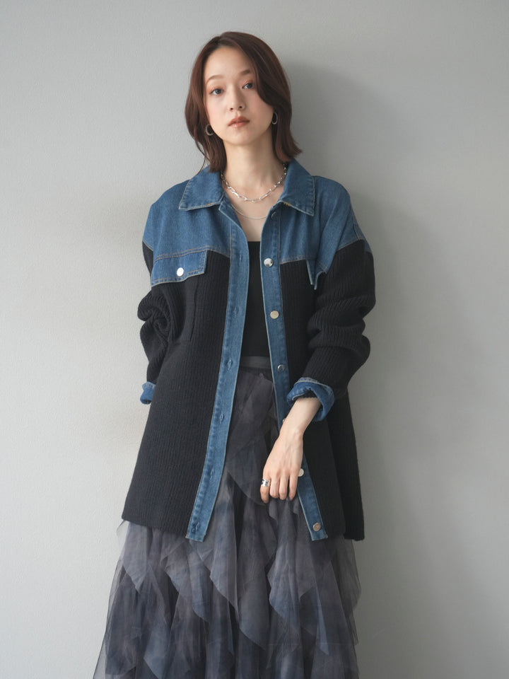 [予約]デニム襟付きニットジャケット/black