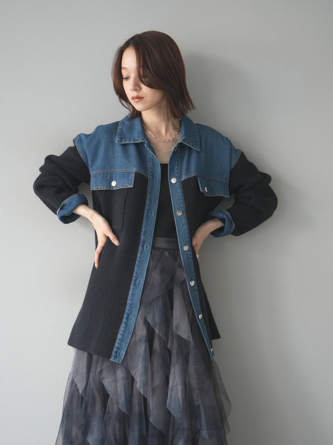 [予約]デニム襟付きニットジャケット/black