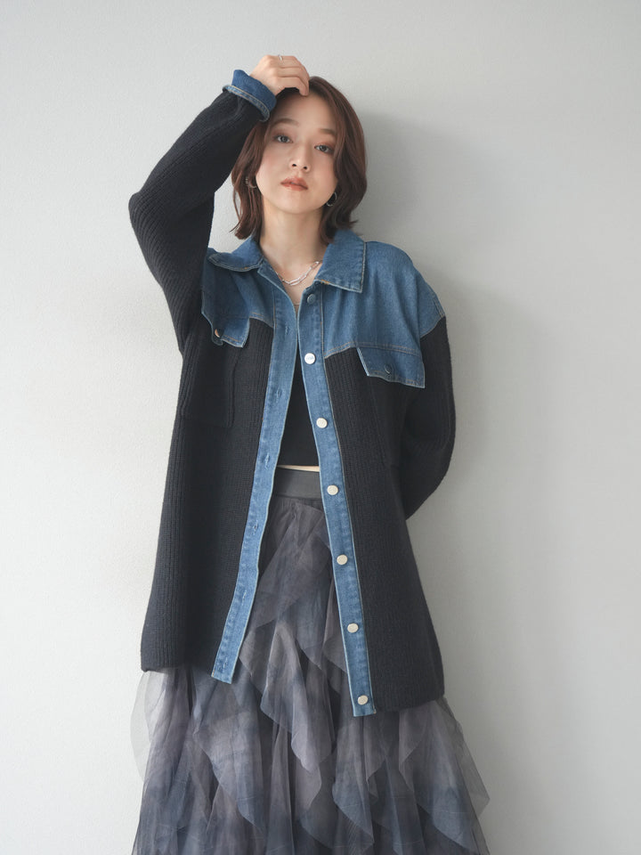 [予約]デニム襟付きニットジャケット/black