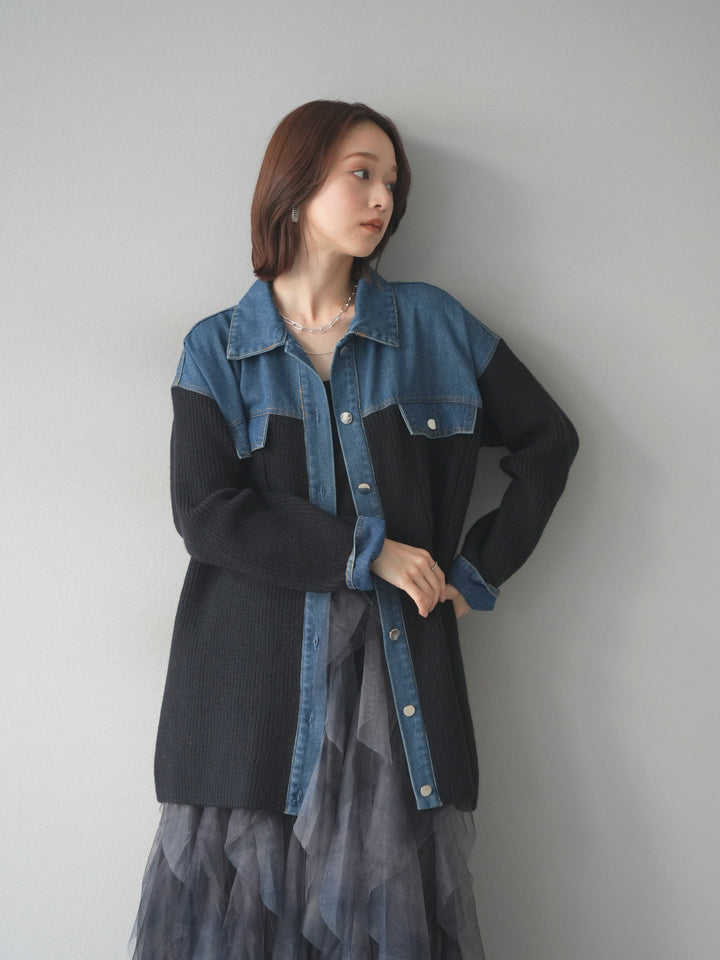 [予約]デニム襟付きニットジャケット/black
