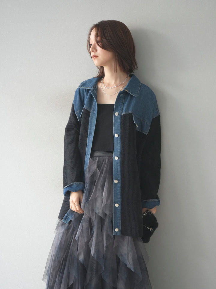[予約]デニム襟付きニットジャケット/black