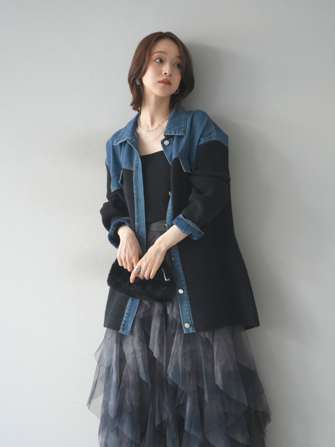 [予約]デニム襟付きニットジャケット/black