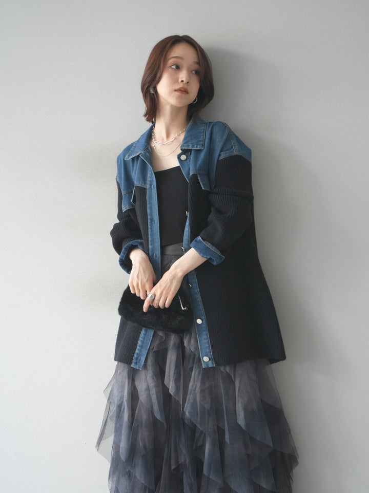 [予約]デニム襟付きニットジャケット/black