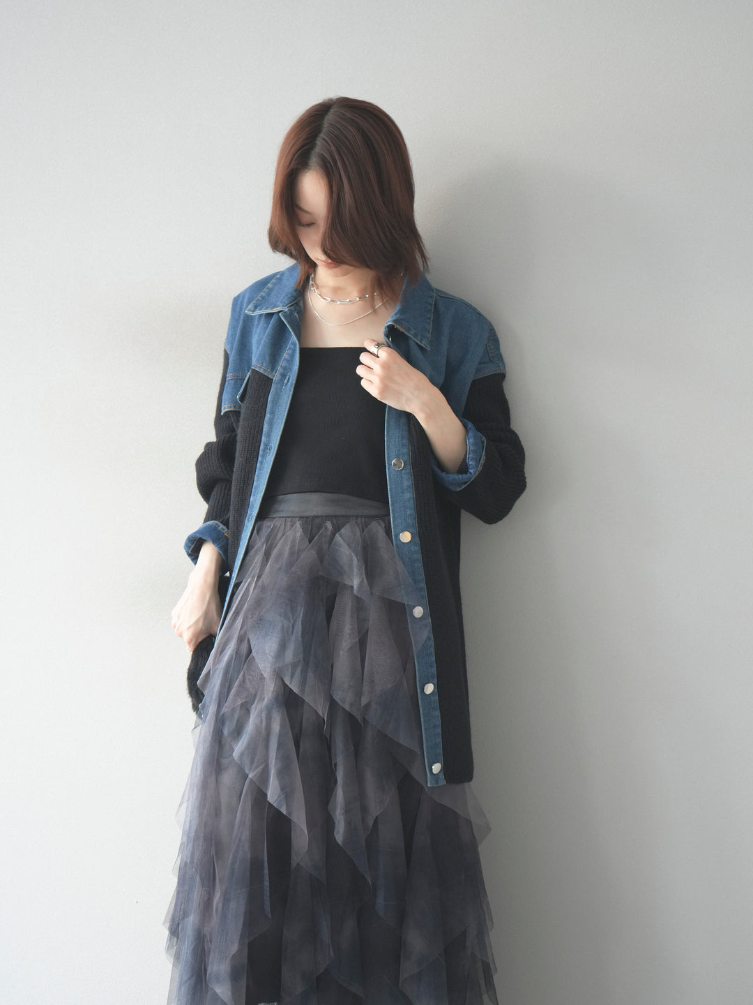 [予約]デニム襟付きニットジャケット/black