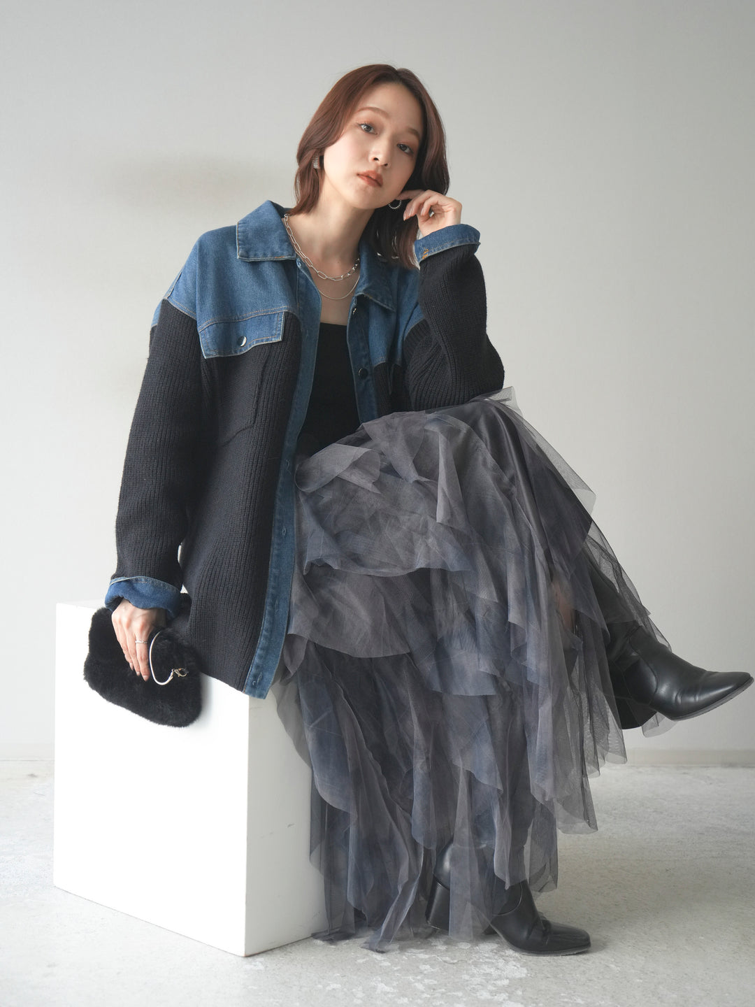 [予約]デニム襟付きニットジャケット/black