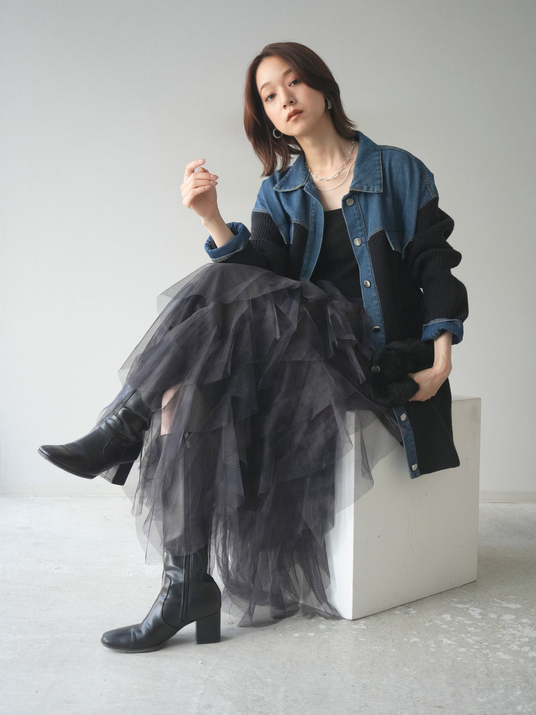 [予約]デニム襟付きニットジャケット/black