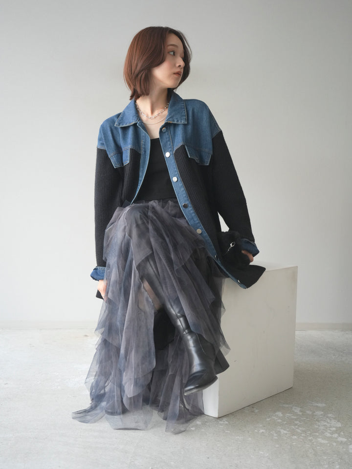 [予約]デニム襟付きニットジャケット/black