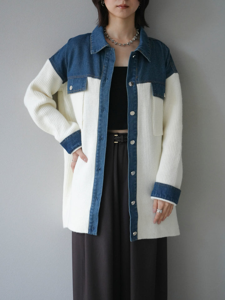 [予約]デニム襟付きニットジャケット/offwhite