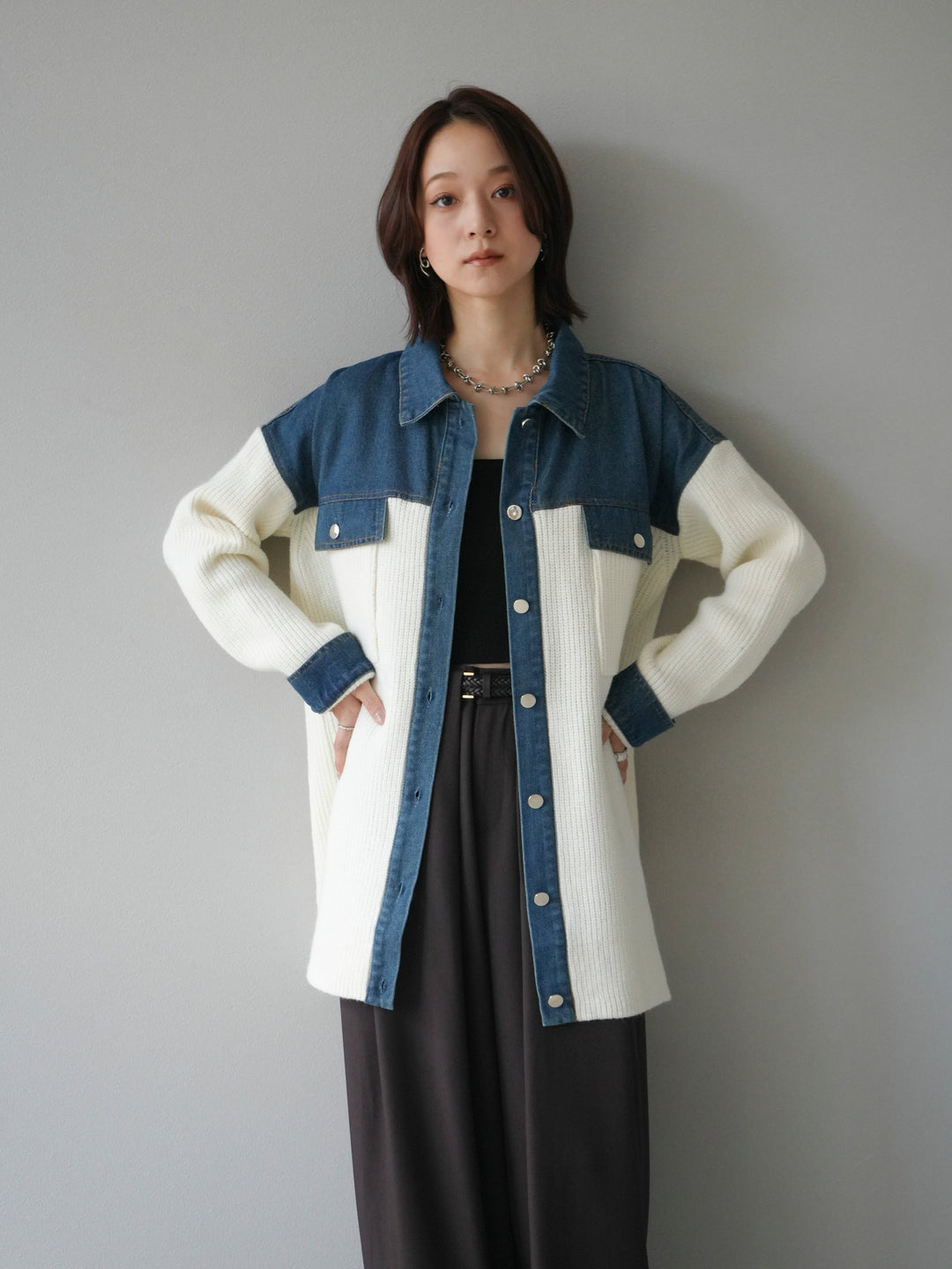 [予約]デニム襟付きニットジャケット/offwhite