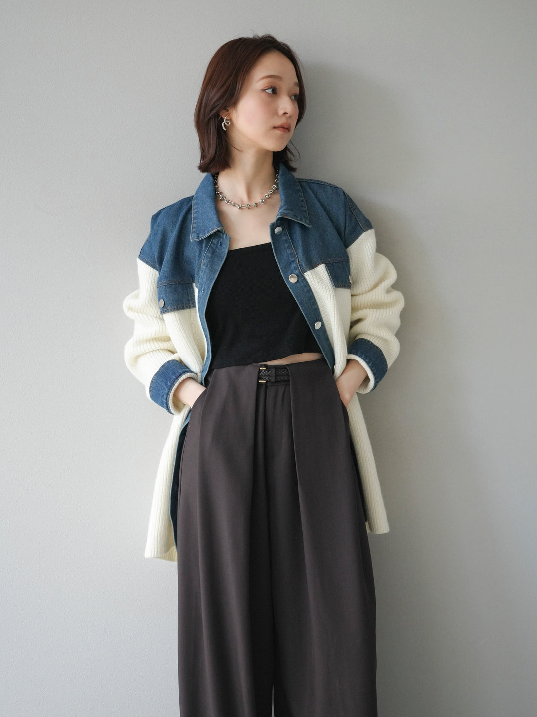 [予約]デニム襟付きニットジャケット/offwhite