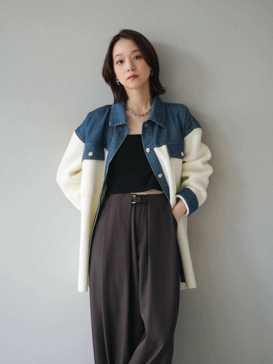 [予約]デニム襟付きニットジャケット/offwhite
