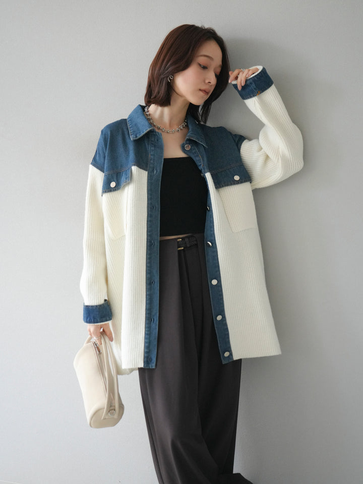 [予約]デニム襟付きニットジャケット/offwhite
