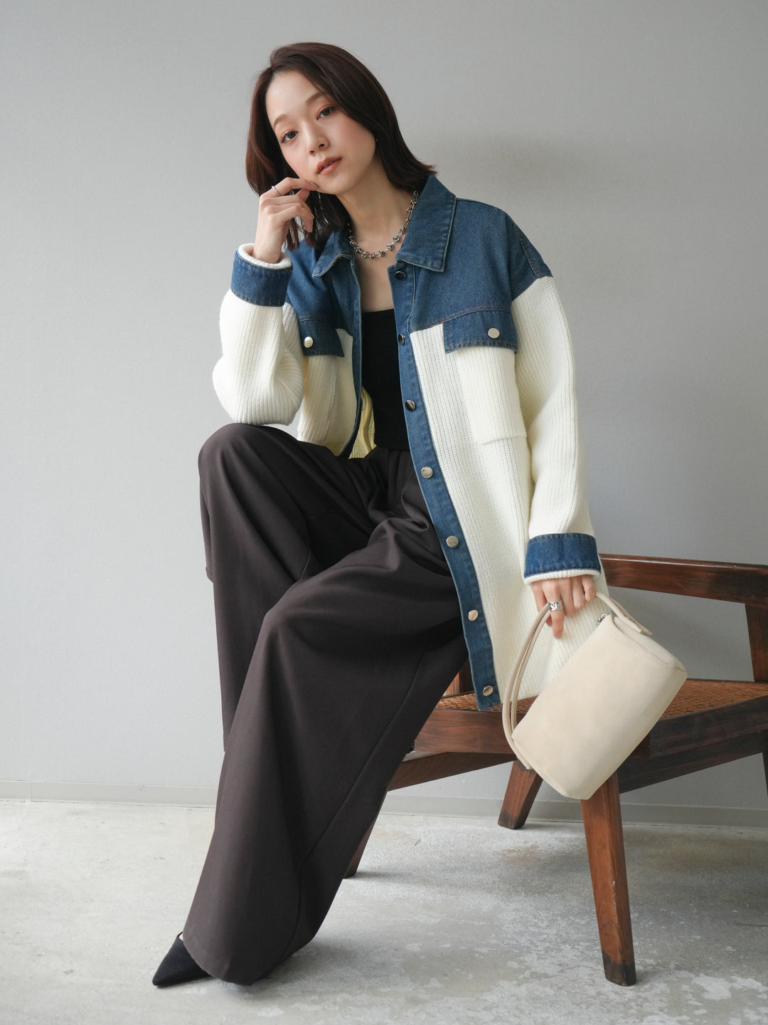 [予約]デニム襟付きニットジャケット/offwhite