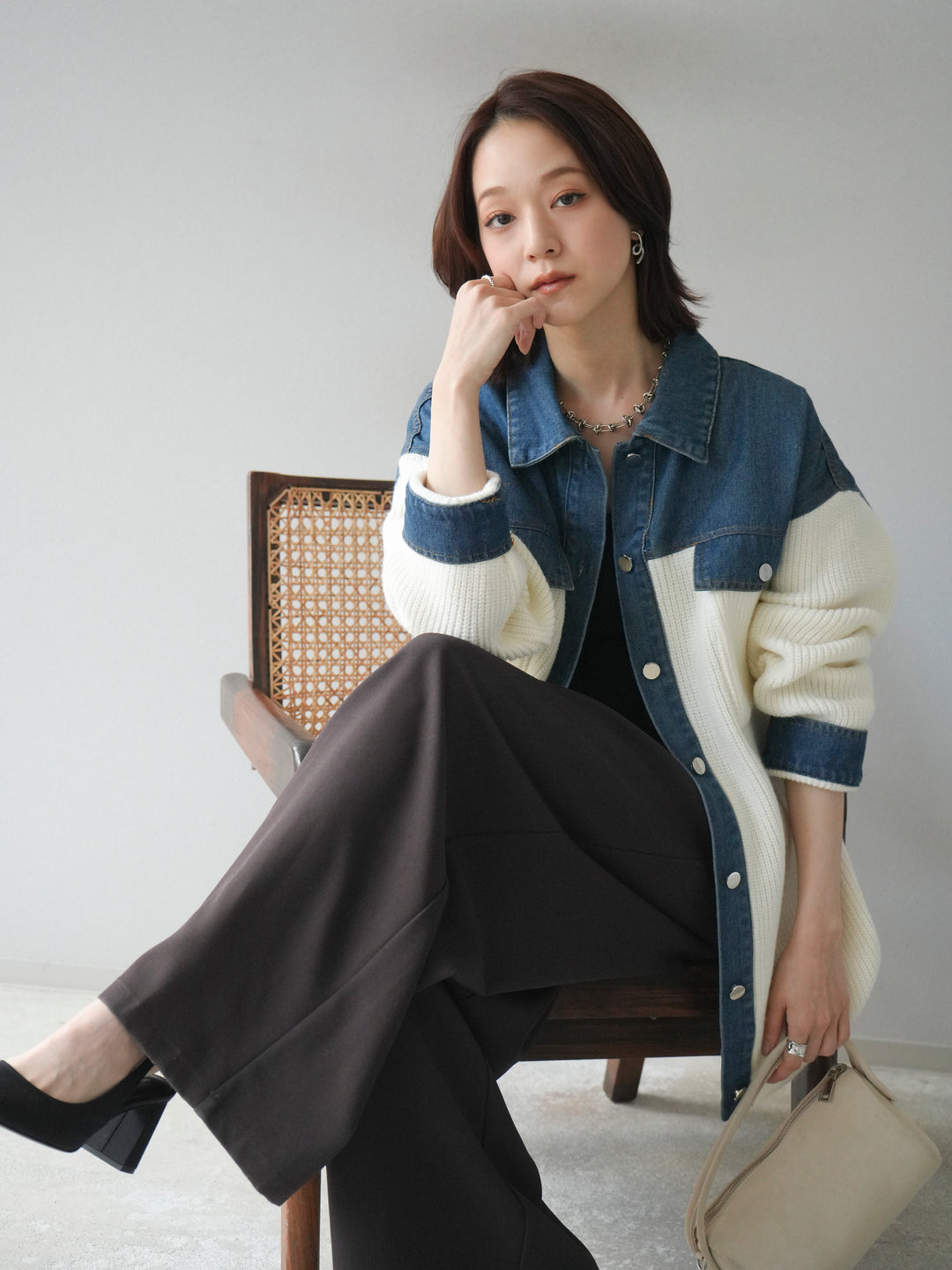 [予約]デニム襟付きニットジャケット/offwhite