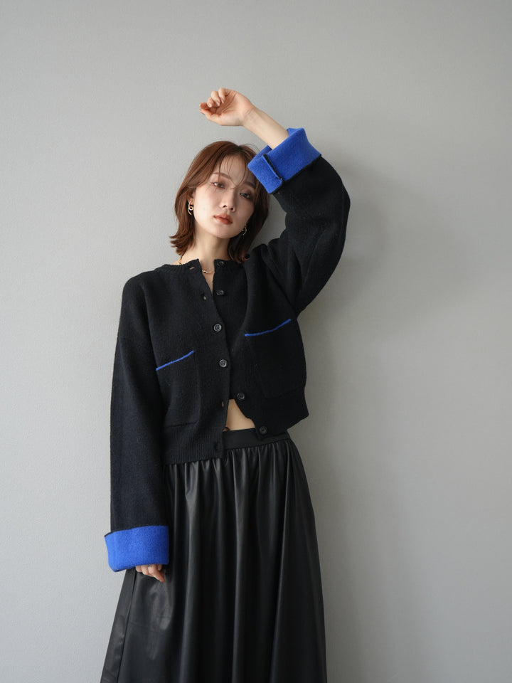 【預購】雙色針織開襟衫/黑色