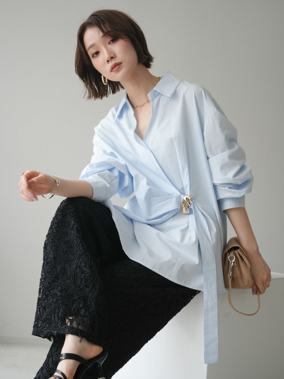 [SET]メタルパーツドレープシャツ+シアーコードレースイージーパンツ(2set)