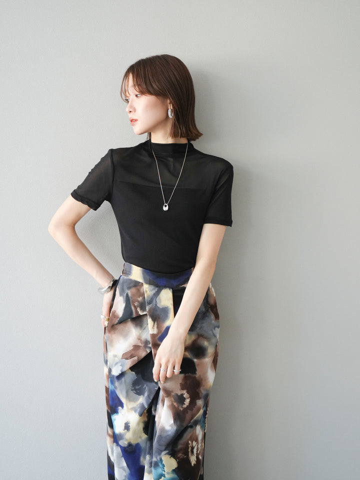 [SET] 透視半袖上衣 + 水彩印花褶襉I字裙 (2set)