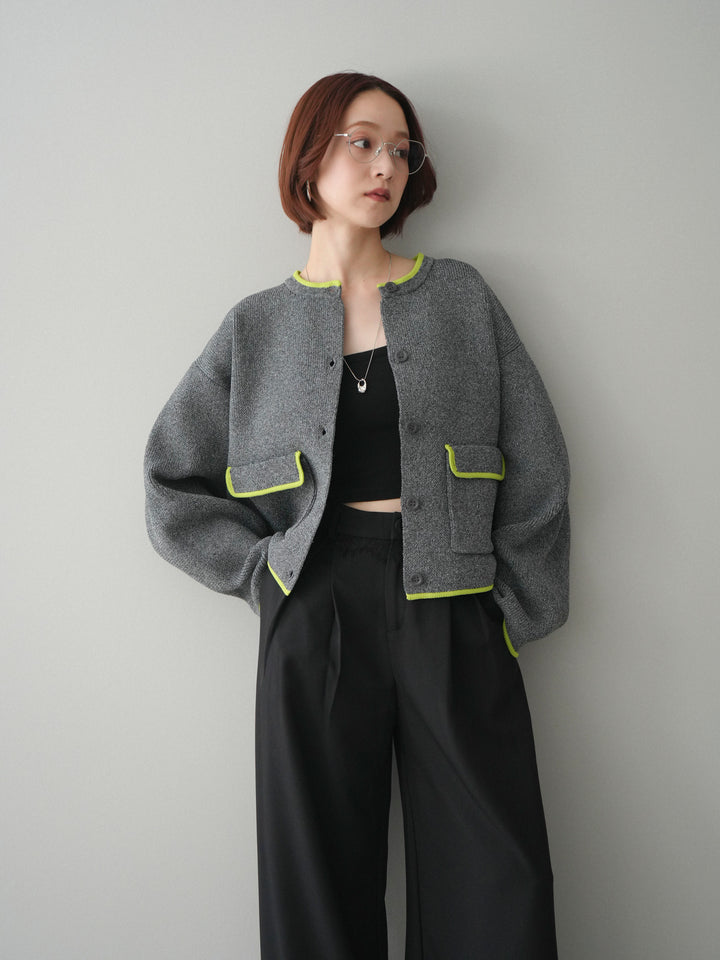 [SET]ポリエステル配色ニットカーディガン+ウエストレースタックワイドパンツ(2set)