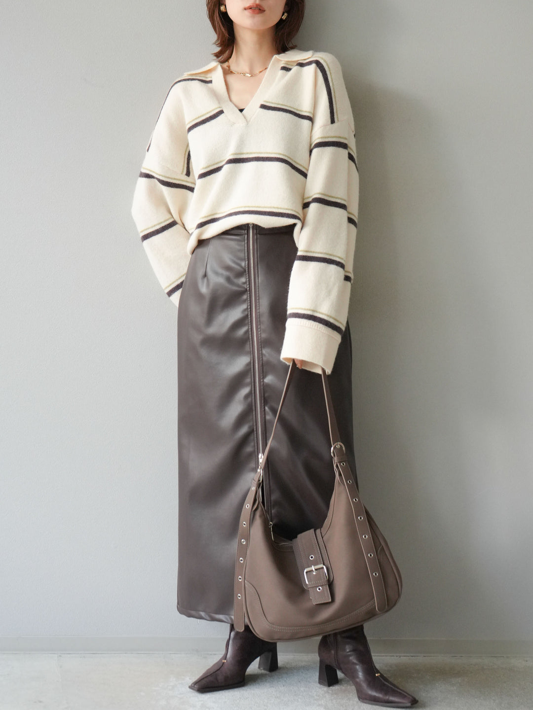 [予約]フェイクレザーZIPタイトスカート/ブラウン