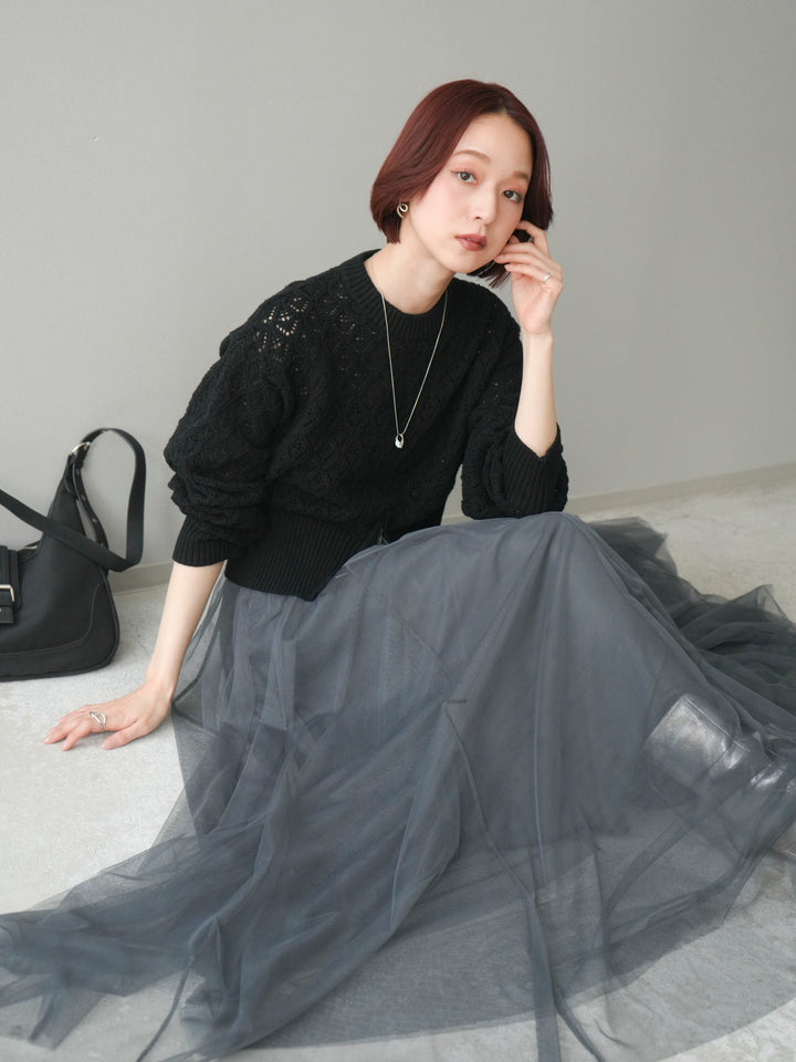 [予約]透かし編みフロントジップスリットニットプルオーバー/black