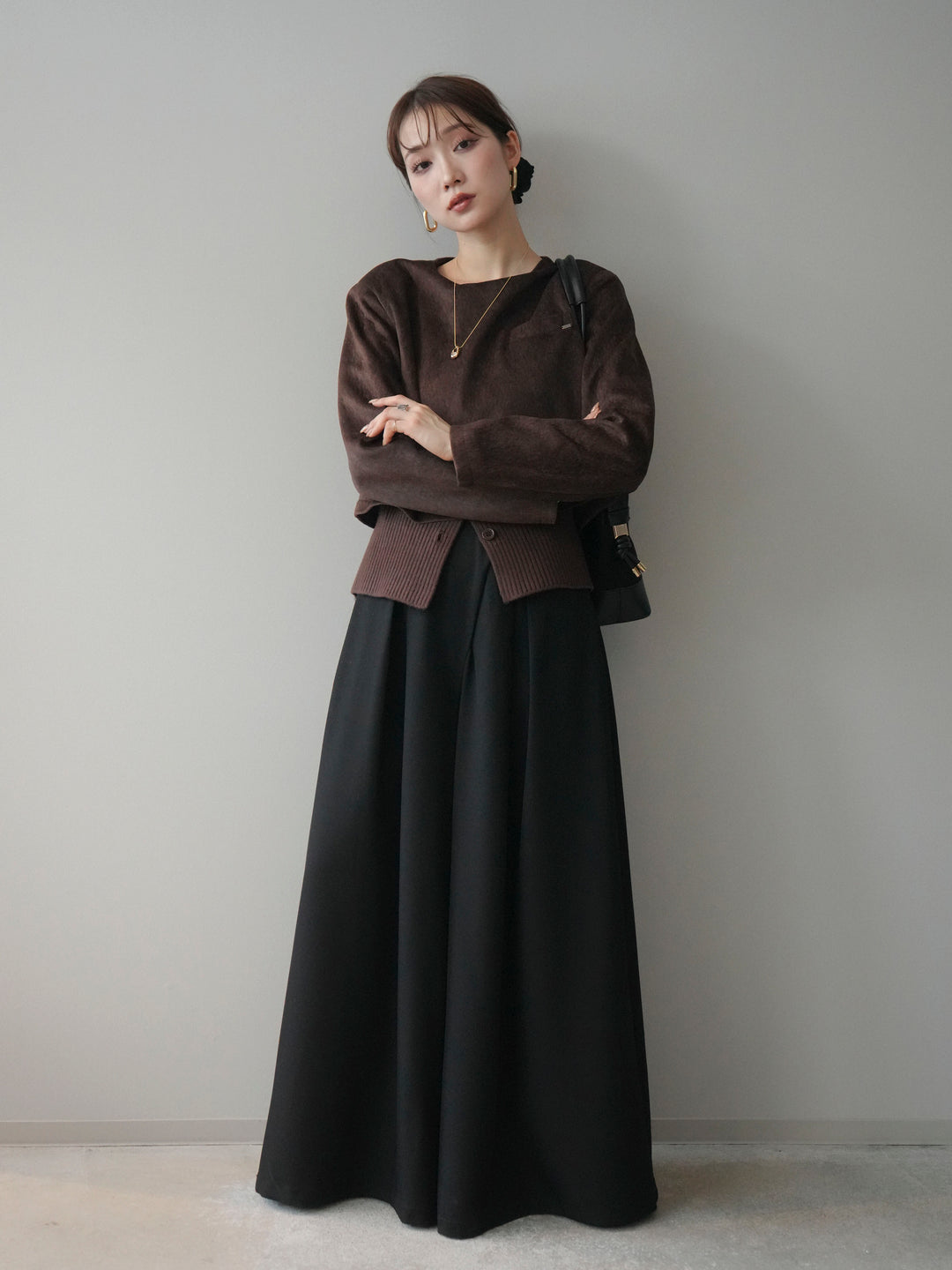 [予約]リブニットレイヤードスエードプルオーバー/brown