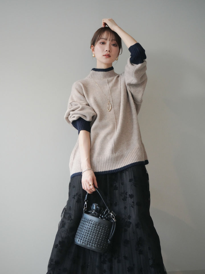 [予約]配色ハイネックニットプルオーバー/beigenavy