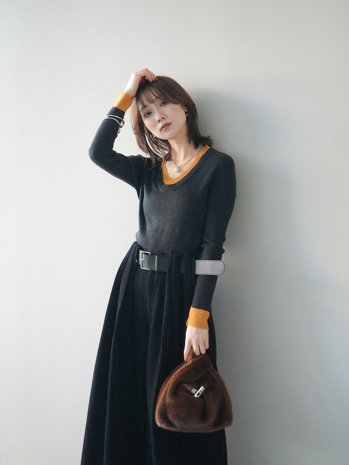 [SET]Uネック配色レイヤードリブニットトップス+ベルトデザインループコールテンワイドパンツ(ベルト付き)(2set)