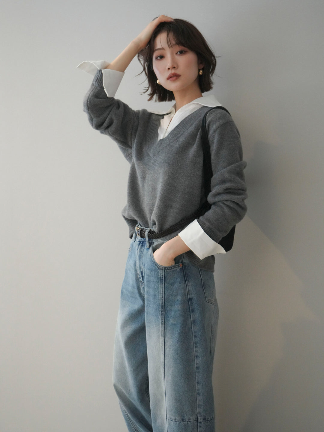 [予約]シャツドッキングVネックニットトップス/gray