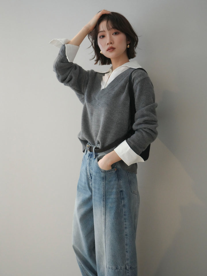 [予約]シャツドッキングVネックニットトップス/gray