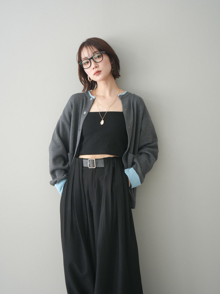 [SET]バイカラーオーバーニットカーディガン+タックベルトループワイドパンツ(2set)