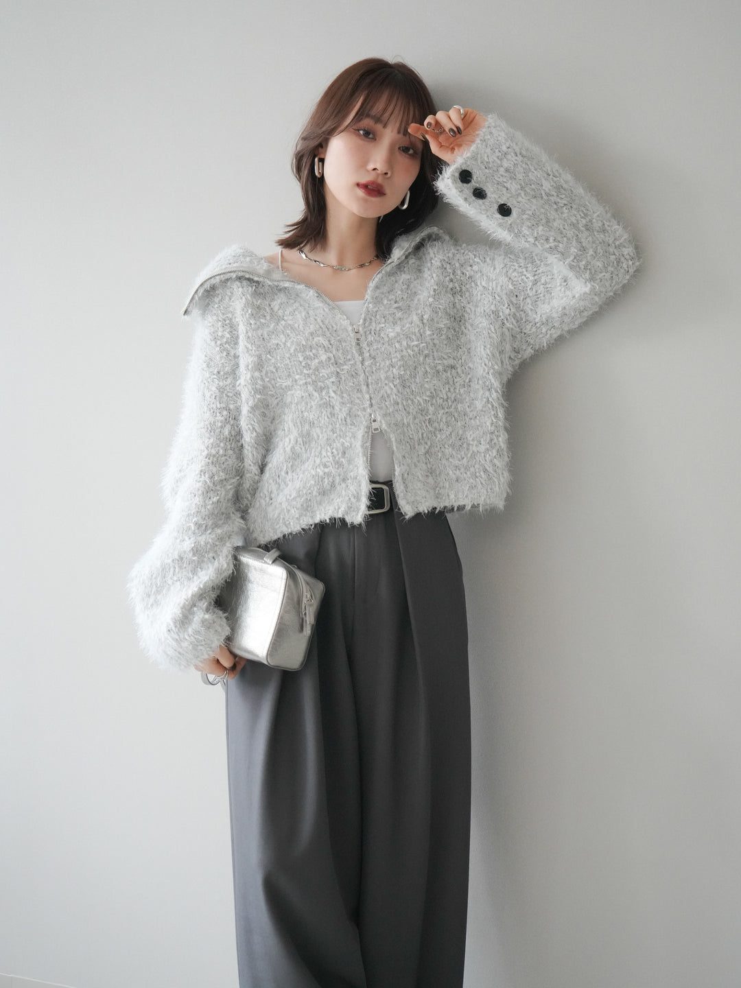 [予約]ミックスシャギージップニットカーディガン/ivory