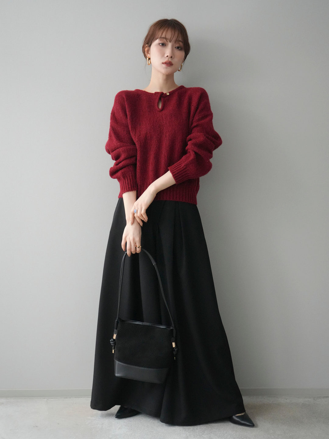 [SET]ツイストネックラメネップヤーンニットプルオーバー+テープベルトタックバギーパンツ(2set)