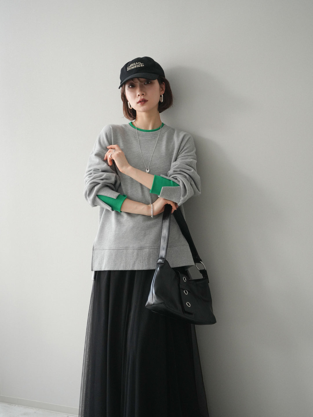 [SET]配色レイヤードデザインスエットプルオーバー+チュールボリュームスカート(2set)