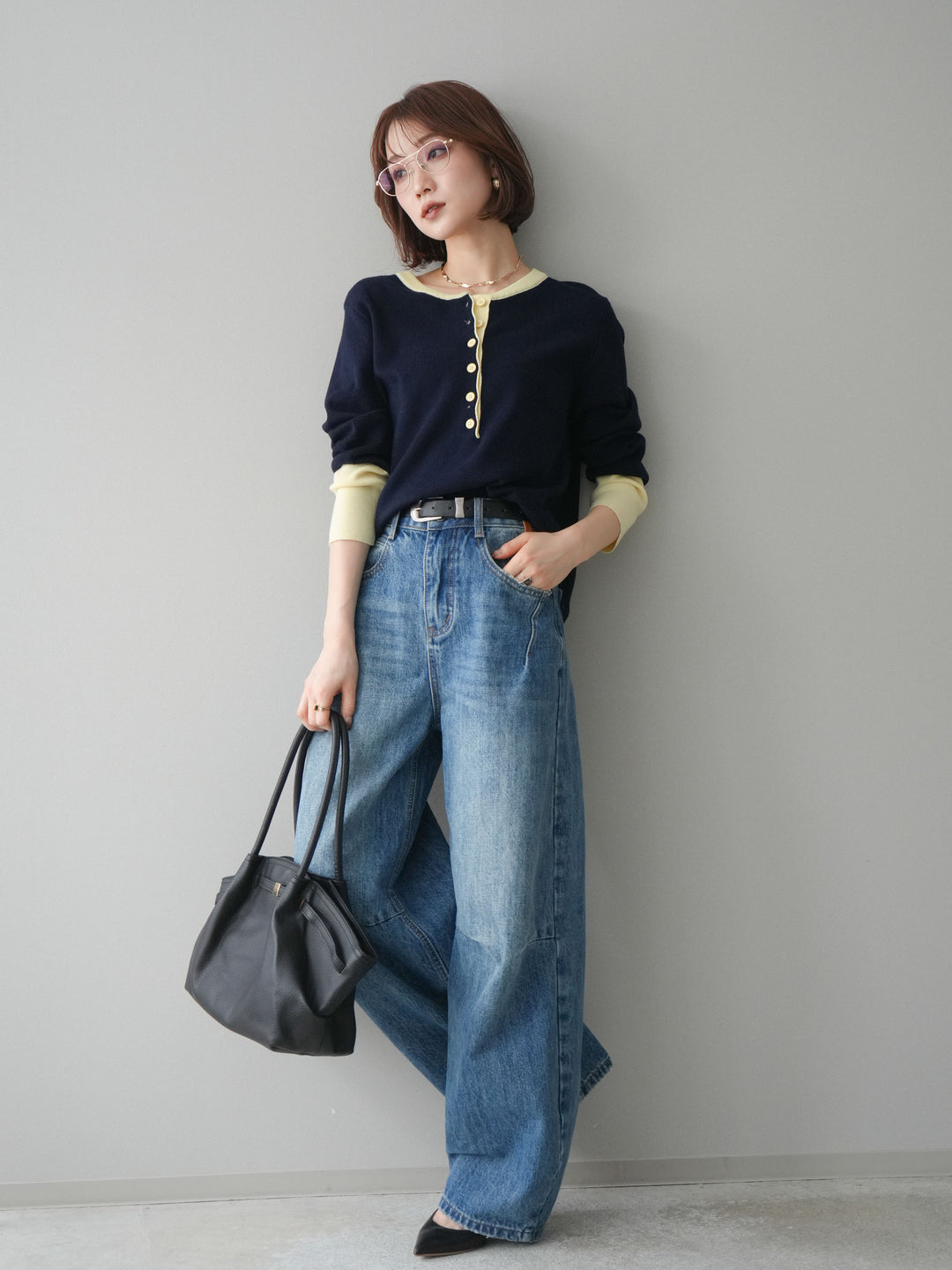 [SET]ヘンリーネック配色ニットソー+ベルト付3Dカーブワイドデニムパンツ(2set)