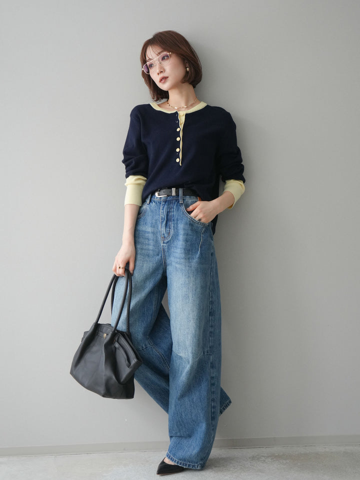 [SET]ヘンリーネック配色ニットソー+ベルト付3Dカーブワイドデニムパンツ(2set)