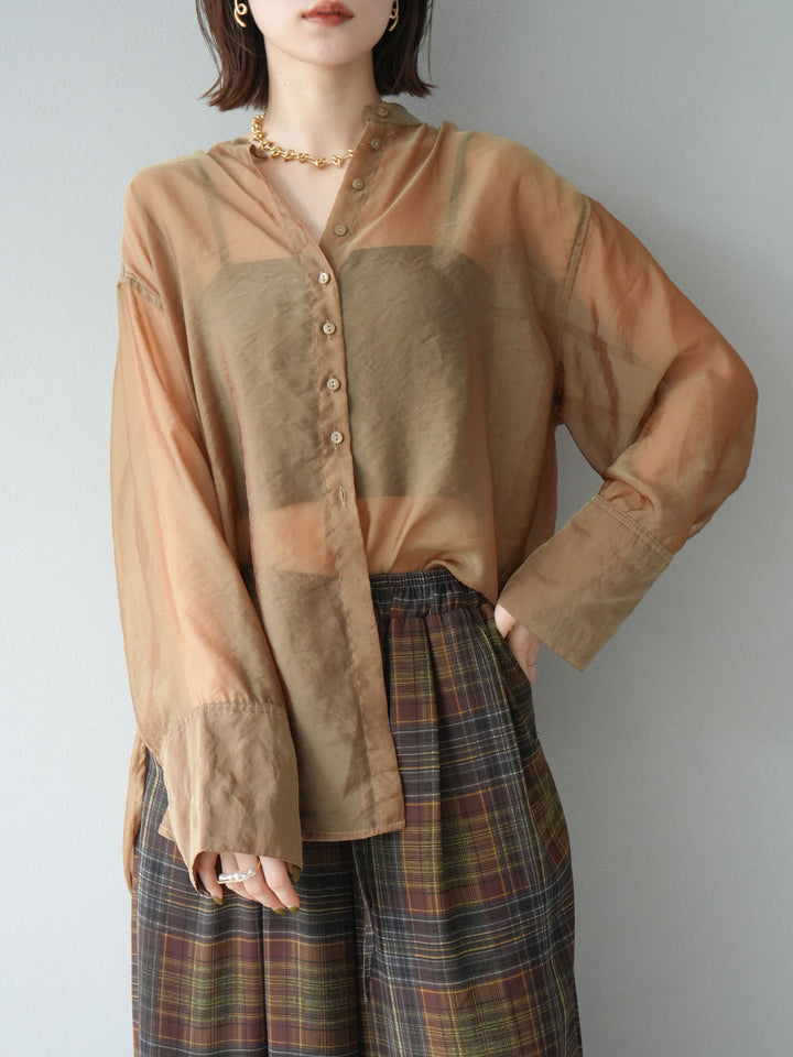 [SET] 亮面透視立領襯衫 + 透視格紋寬鬆褲 (2 件套)