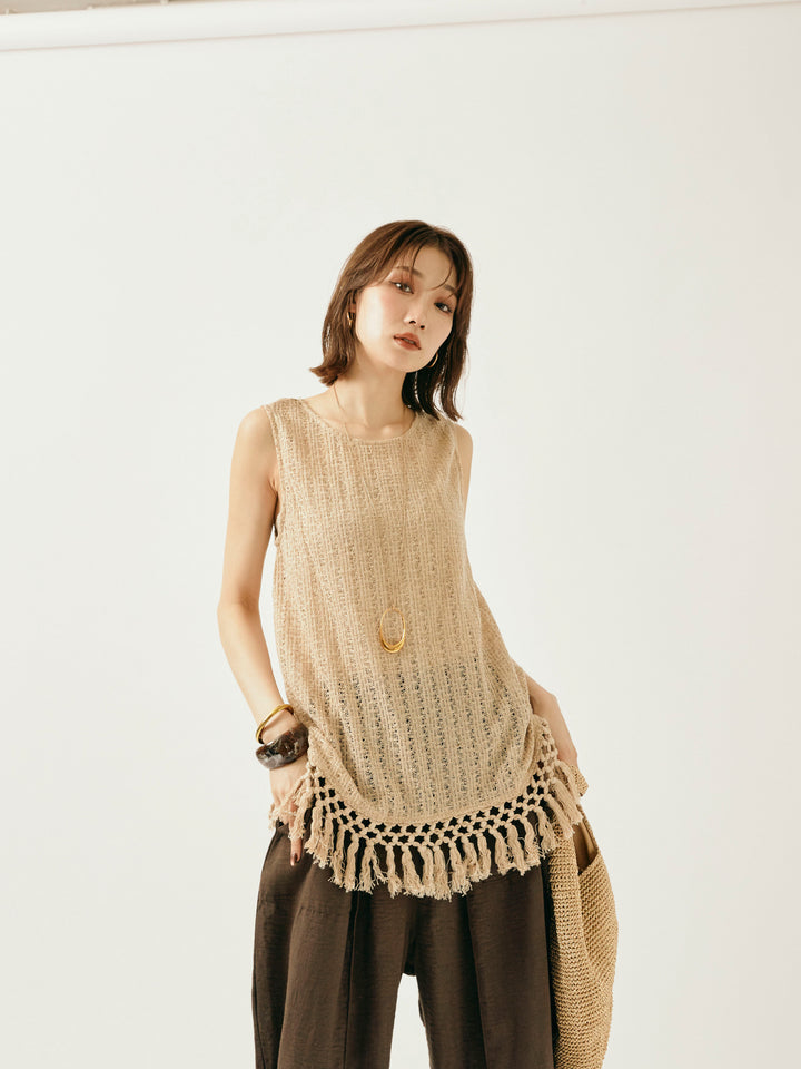 [予約]フリンジ透かし編みニットベスト/ベージュ