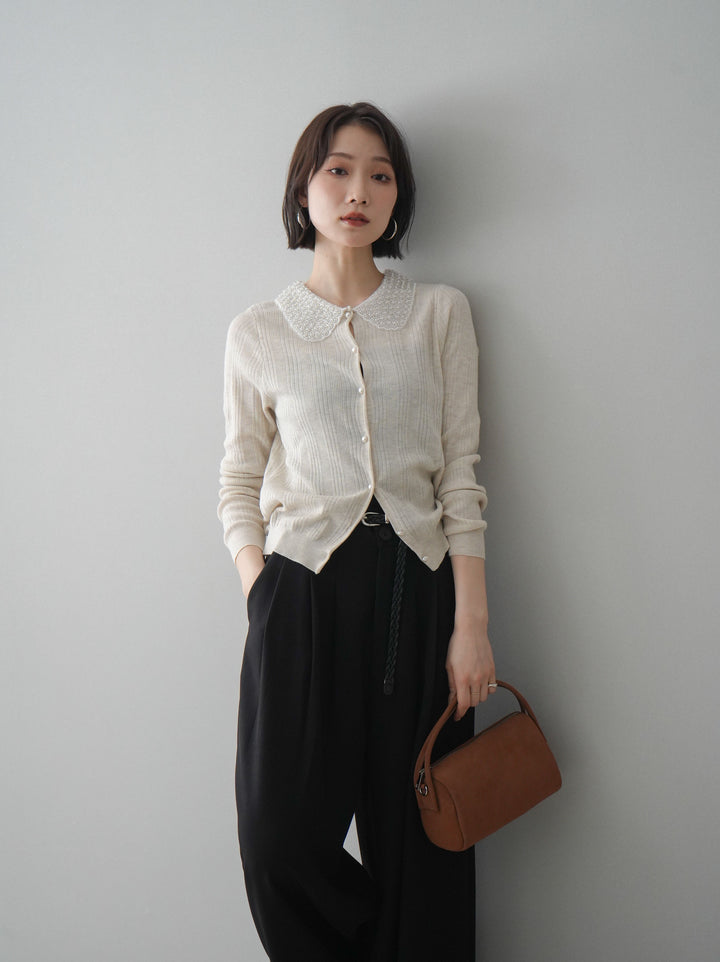 [予約]ビジュー襟パールボタンニットカーディガン/ivory