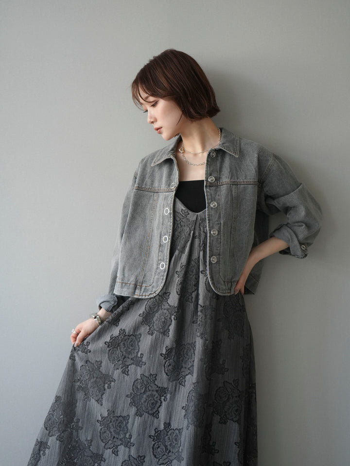 【預購】花朵蕾絲吊帶洋裝 / 灰色