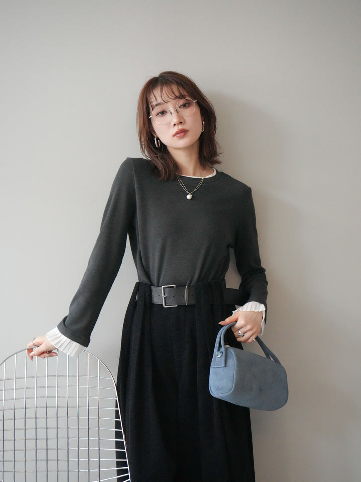 [予約]袖プリーツ配色レイヤードトップス/charcoal