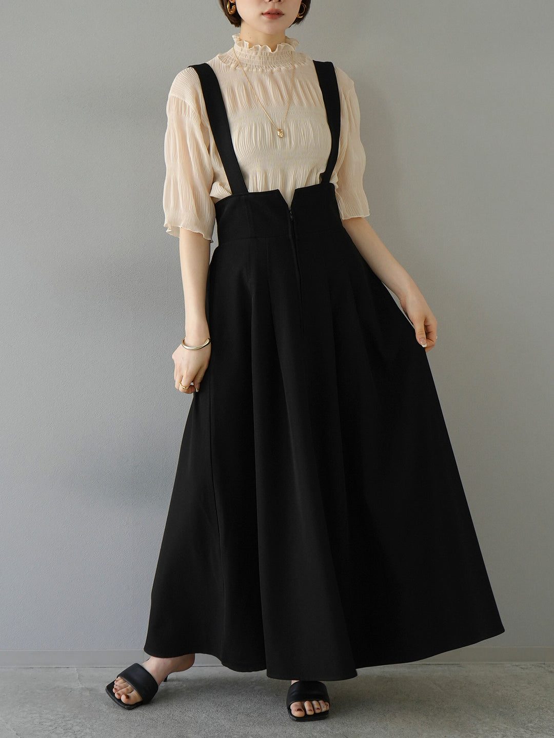 [SET] Shirring chiffon half sleeve blouse + 2WAY flare jumper skirt (2set)