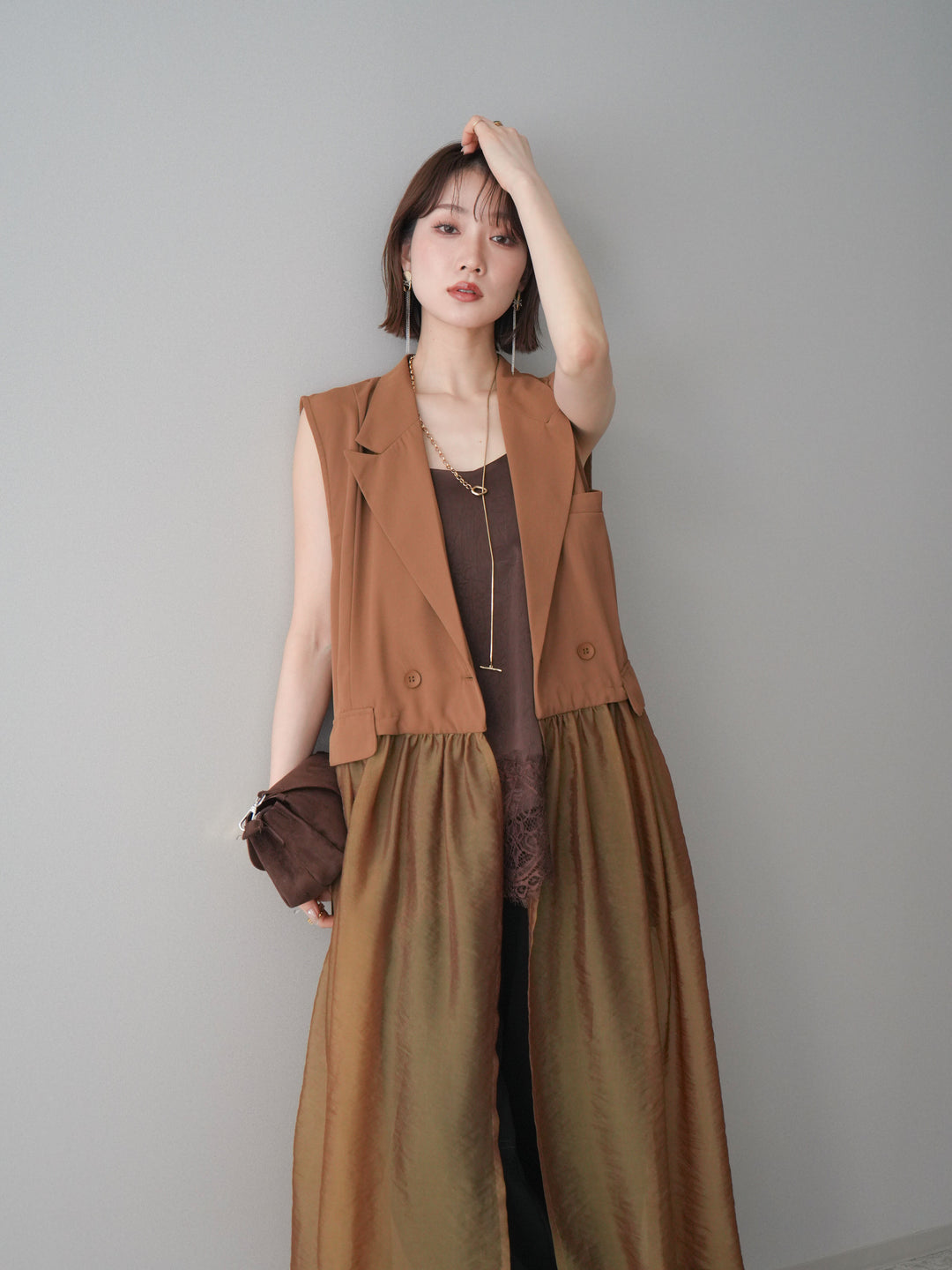 [SET]シアーレイヤードテーラードロングジレ+レーストリムキャミソール+2WAYデザインスウェットパンツ(3set)