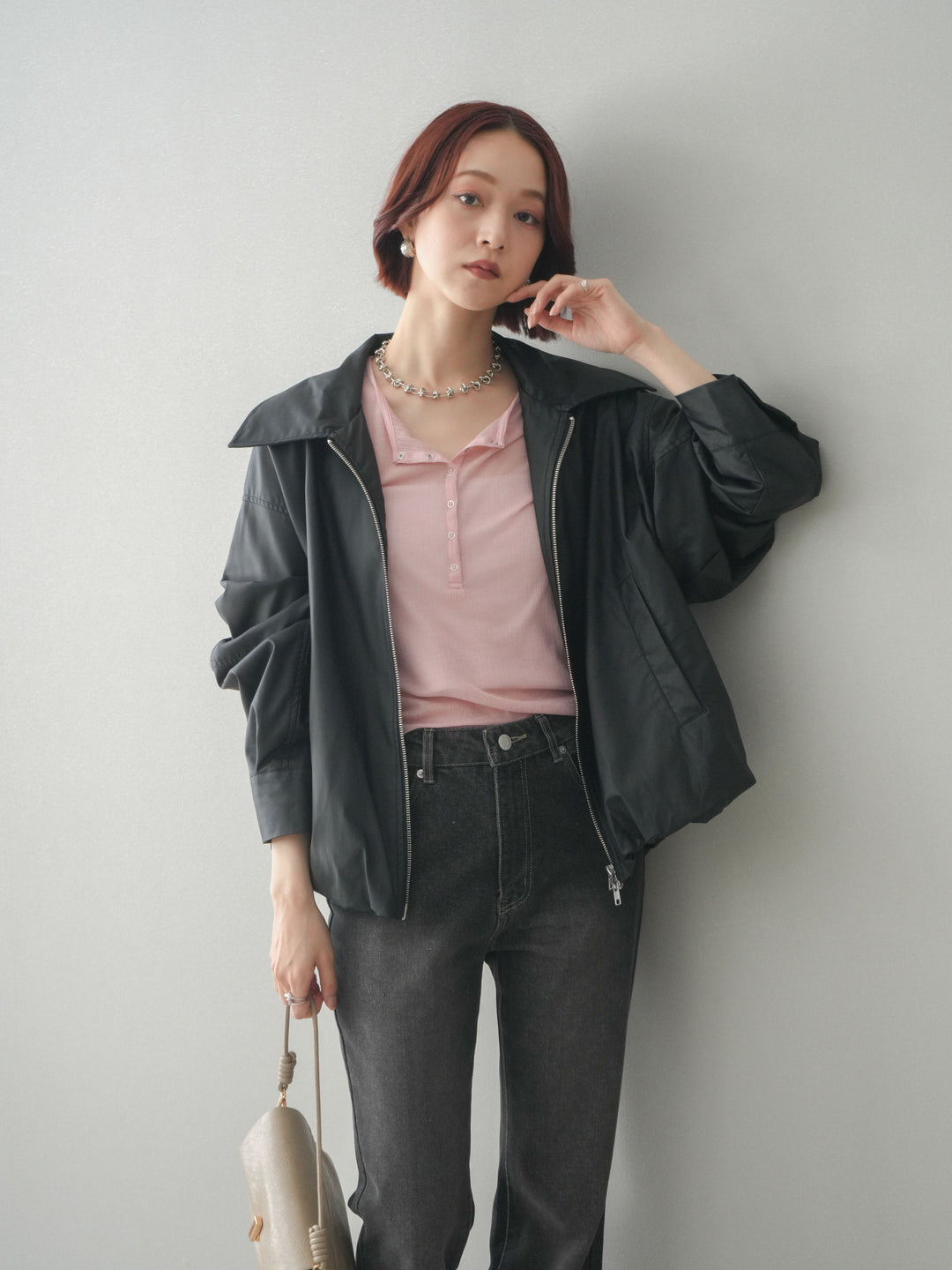 [予約]ウォッシャブルフェイクレザーバルーンジャケット/black