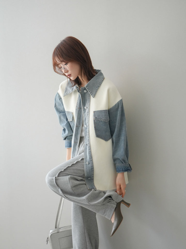 [SET]デニム襟ダブルフェイスニットカーディガン+2WAYデザインスウェットパンツ(2set)