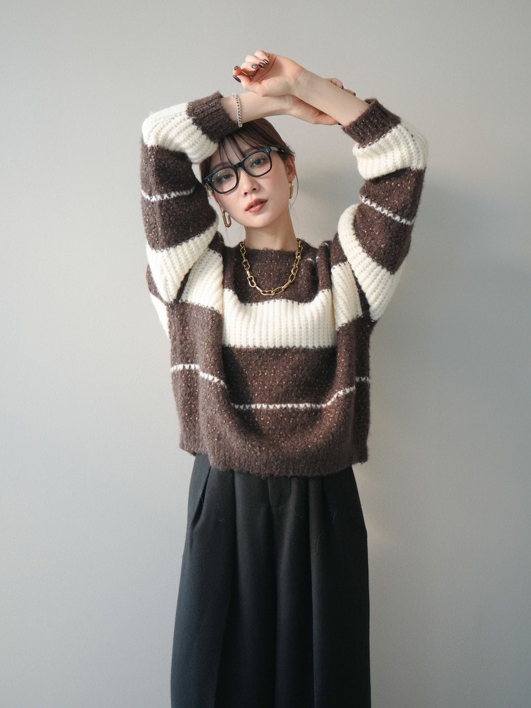 [予約]ネップヤーンボーダーニットプルオーバー/brown