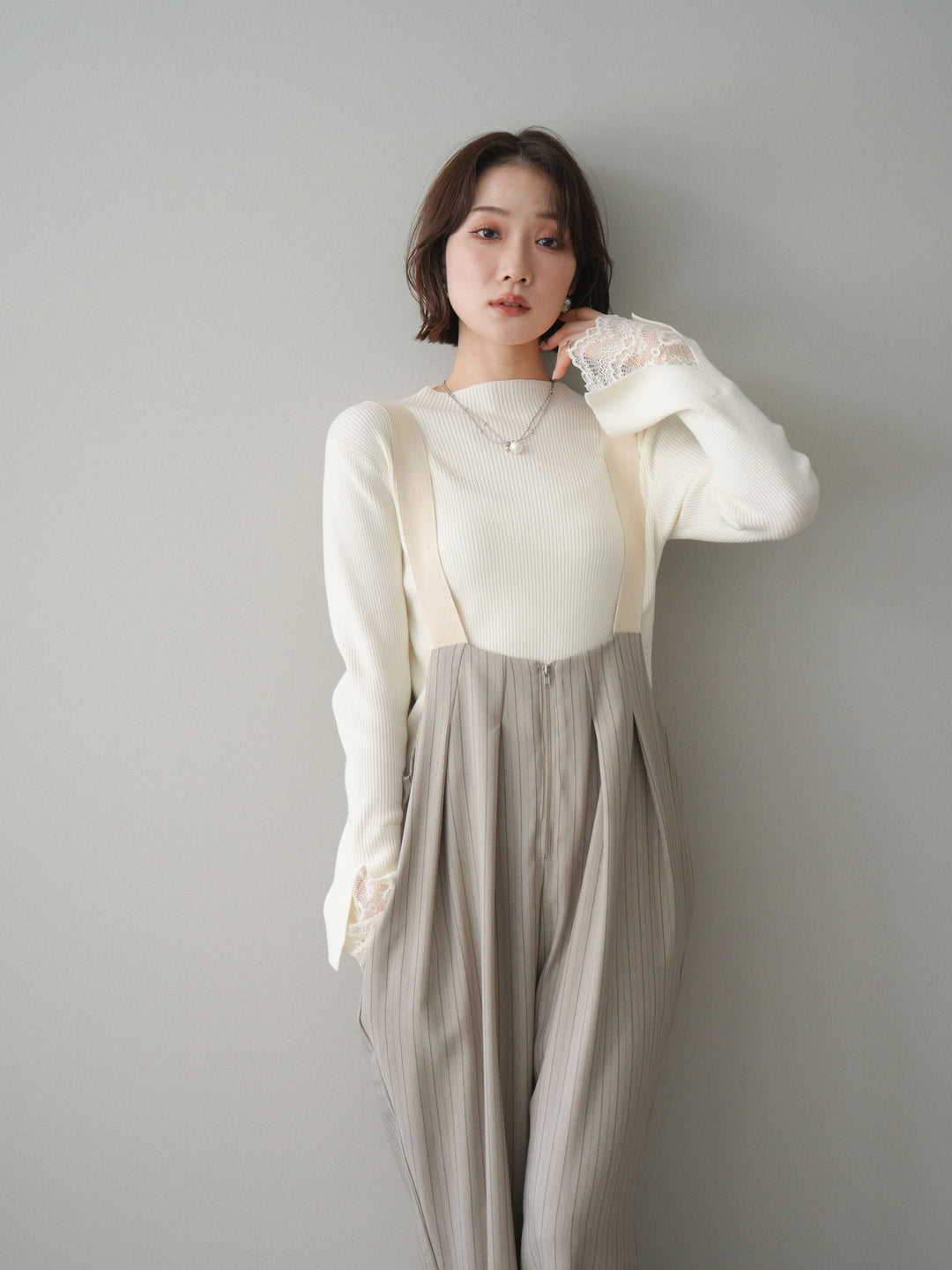 [SET]袖スカラップレースオフネックニットトップス+選べるアクセセット(2set)