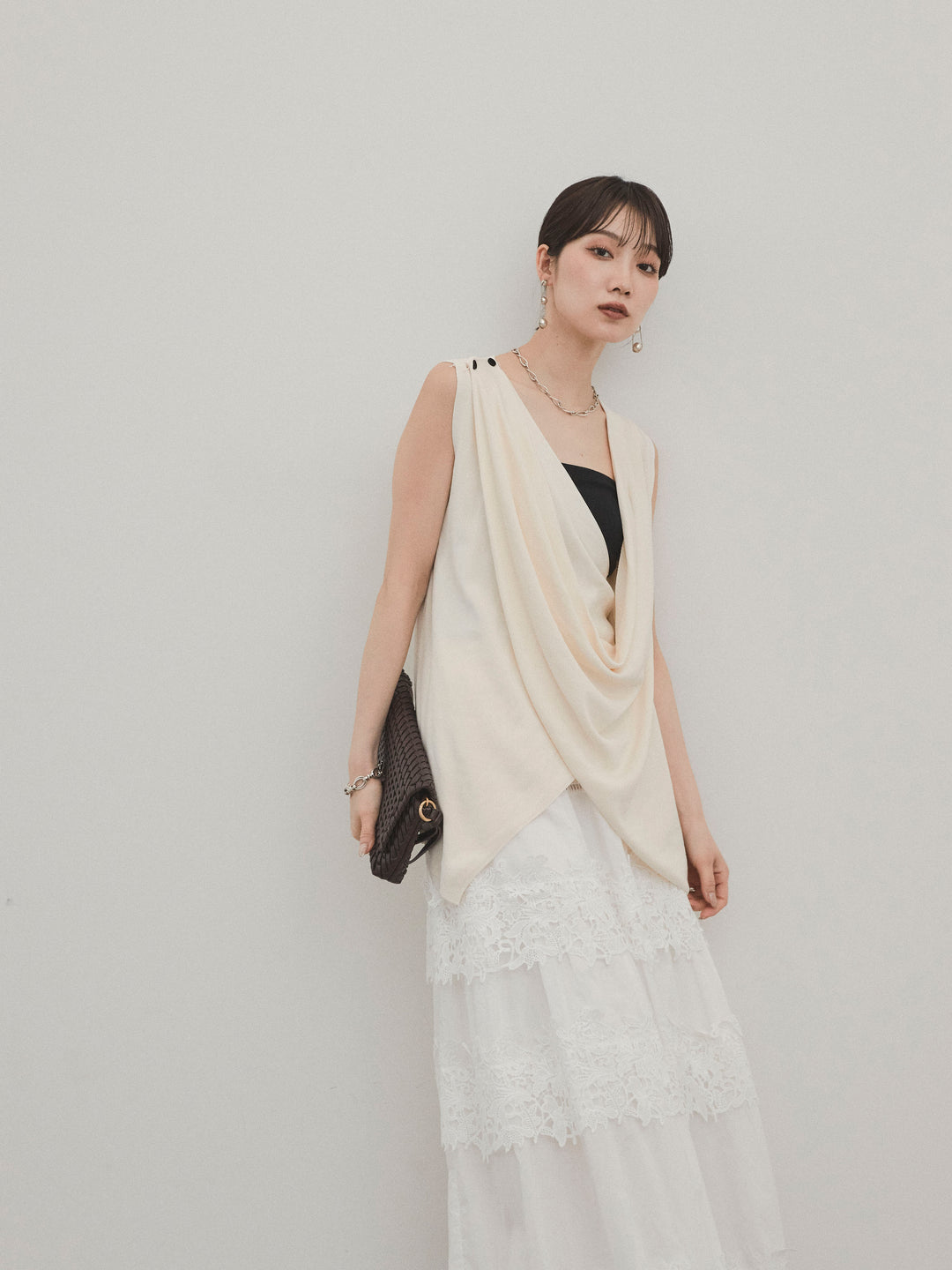 [SET]ドライタッチドレープニットプルオーバー+スカラップレースロングスカート(2set)