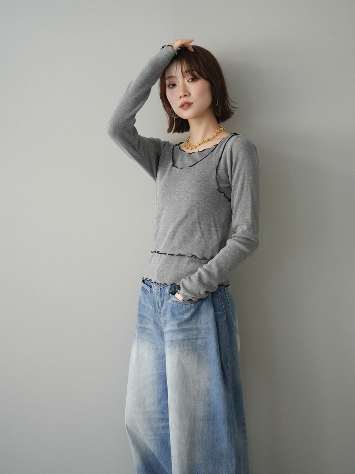 [予約]バイカラーメローアンサンブルシアーニットトップス/gray