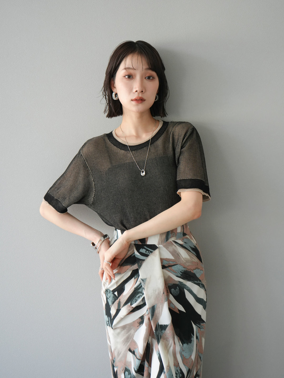 [SET]リネンタッチ配色二重臼ハーフニットトップス+選べるアソート柄スカートセット(2set)